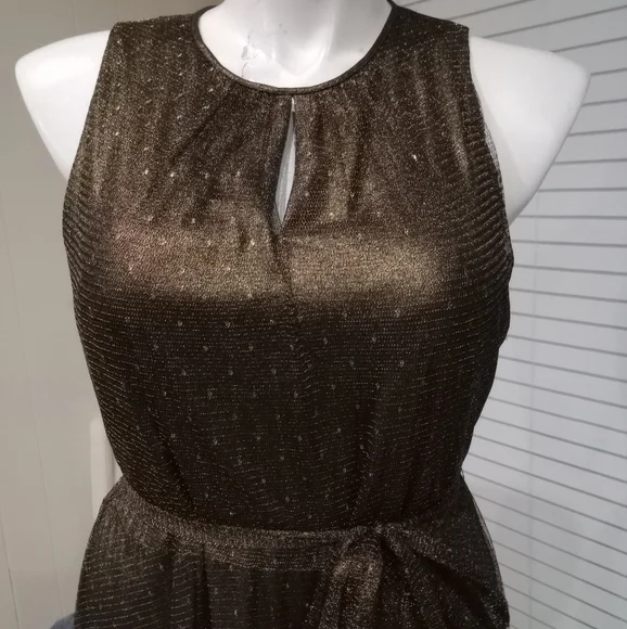 Gold Bronze Metallic Tiered Ruffle Hem Dress Size 16 Shawl Included NWOT - Picture 2 of 14